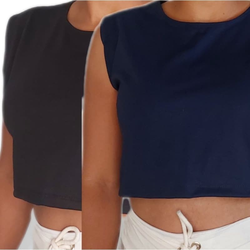 kit com 2 cropped  azul marinho e preto   Feminino Regata Cavado Gola Redonda Tribo Livre
