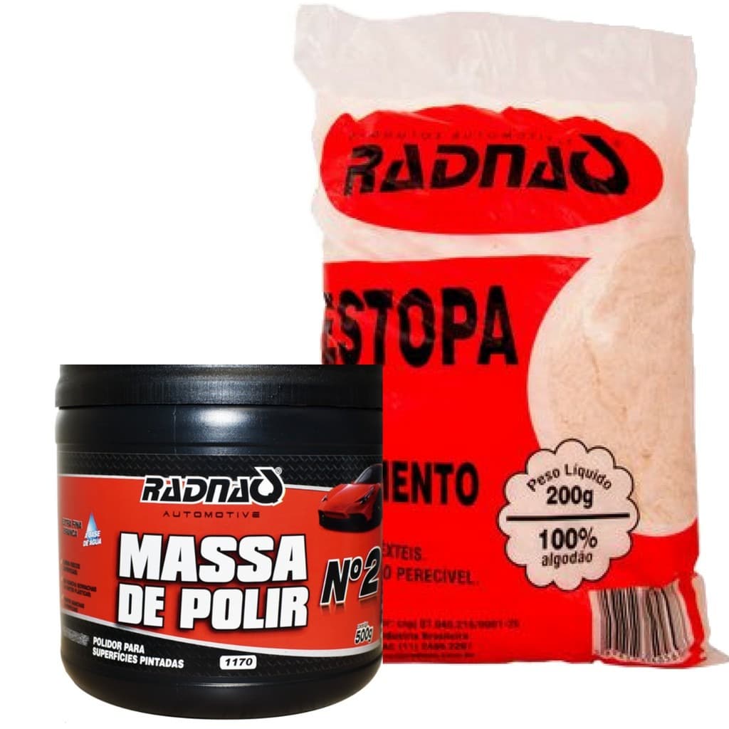 Kit c/1 Massa Para Polir N°2 + 1 Estopa Elimina Riscos E Manchas RADNAQ Massa Para Polir Extra Fina Branca - Elimina Riscos Superficiais - Não Mancha Borrachas ou Partes Plásticas - Remove Manchas Superficiais e elimina micro riscos na superfície da Pintu