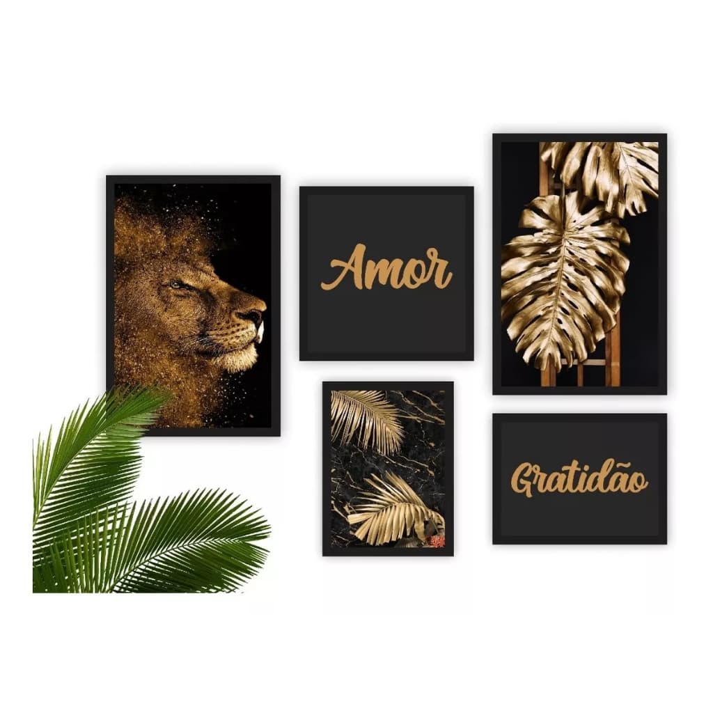 Kit 5 Quadros Decorativos Leão Dourado Amor Gratidão Folhas