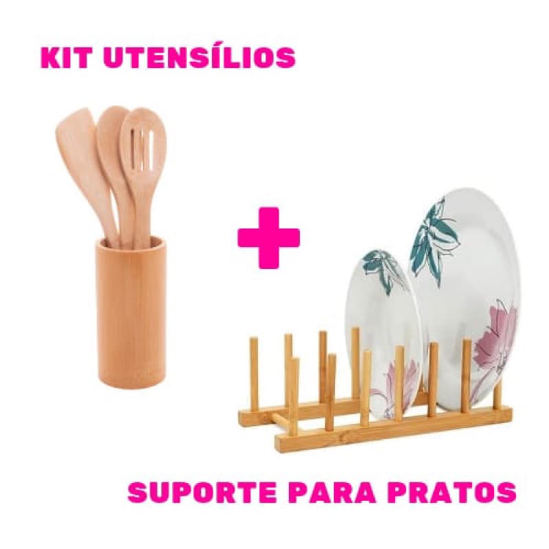 kit Utensílios e Suporte Organizador de Pratos e Tampas de Bambu