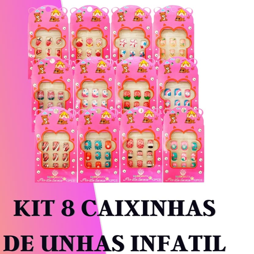 Pacote com 144 Unhas Postiças Infantil Coloridas Desenhadas Com Adesivo Colante Sortido