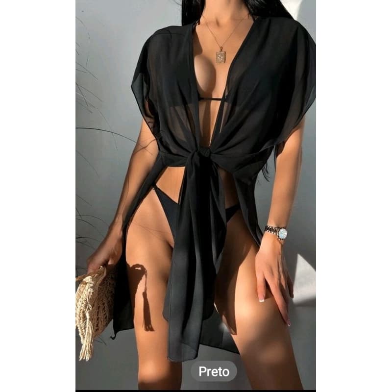Saída de Praia Chemise Tule de Malha Moda Praia Verão Soltinho Tamanho Médio