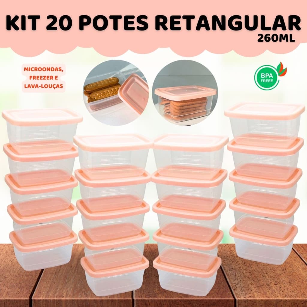 Kit 20 Potes Retangular Marmita Lancheira Snach Fruta Porta Alimentos Lanche Resistente Utensílios para casa e cozinha