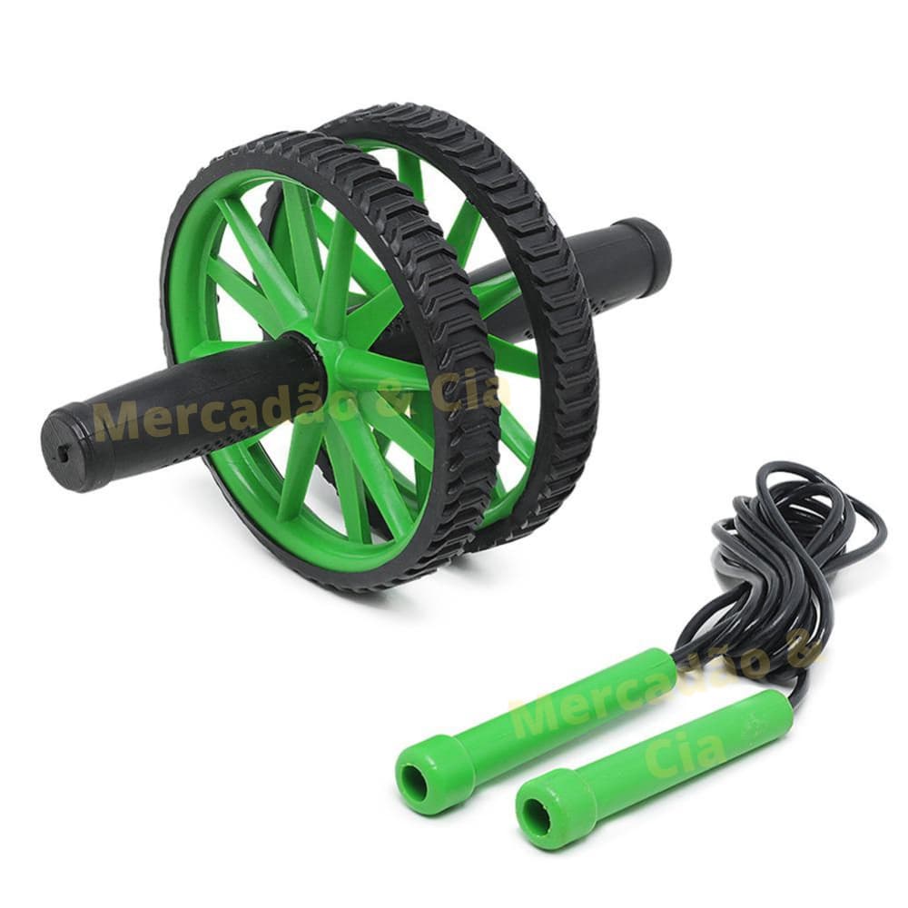Kit Rodinha Abdominal Dupla Verde + Corda de Pular Verde
