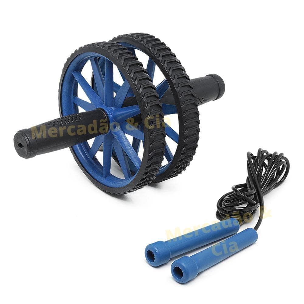Kit Rodinha Abdominal Dupla azul + Corda de Pular azul