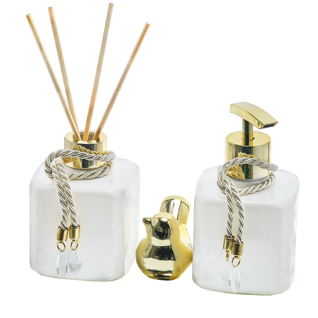Kit Banheiro Luxo Dourado Pet Plástico Difusor e Porta Sabonete