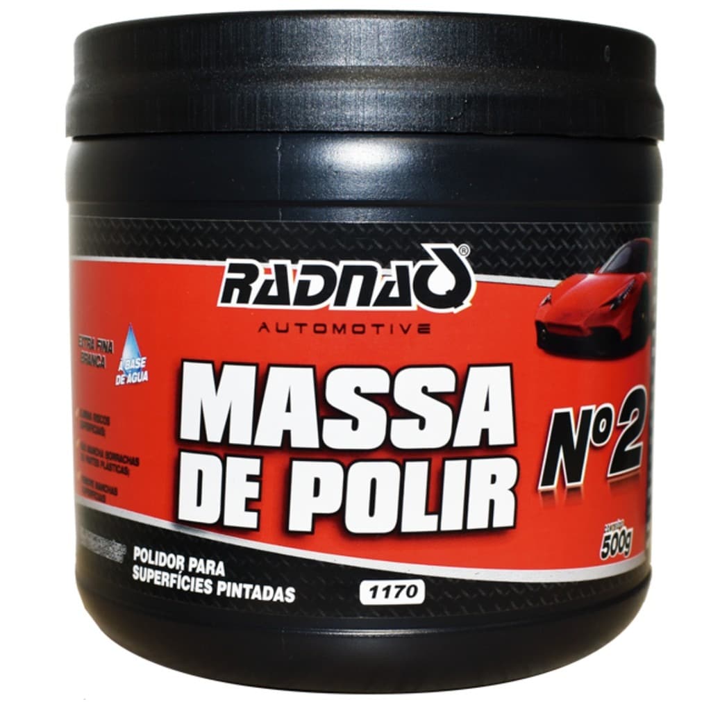 Massas de Polir Nº2 Radnaq 500g Tira Riscos Da Brilho Tira Manchas Reaviva Pinturas Manchadas e Oxidadas pela ação dos raiosSolares, Pequenos arranhões e Imperfeições. Pinturas acrílicas Metálicas, Cromadas e metais em geral. Sua Performance é dif