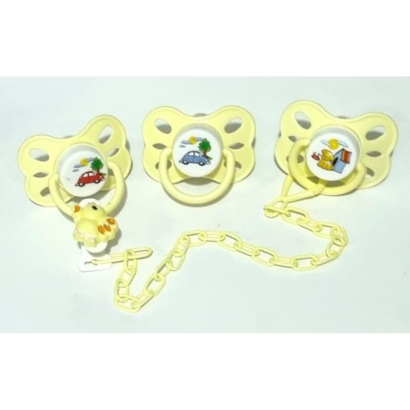 Kit com 3 chupetas (tamanho 2, a partir dos 6 meses) e 1 prendedor de chupeta