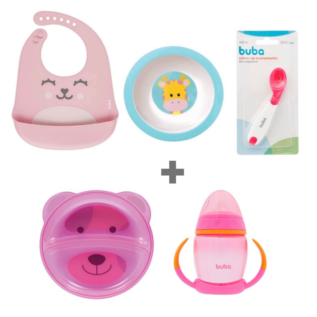Kit Introdução Alimentar Buba com Prato de urso com divisórias, Prato Bowl (tigelinha), Babador Silicone Pega Migalhas, Colher Termossensível e Copo Infantil de Treinamento com bico de silicone Girafa Girafinha Rosa Menina