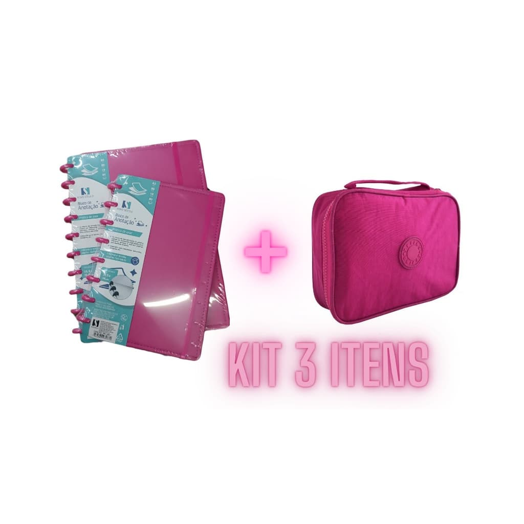 KIT Cadernos de discos estilo inteligente com Estojo Escolar Jumbo Grande