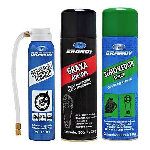 Kit lata Spray Reparador de pneu + Limpa Corrente + Graxa Adesiva - Brandy