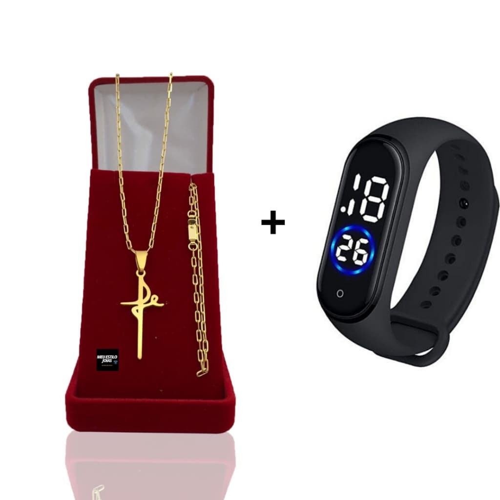 Corrente Masculina Infantil Banhado Ouro 2mm Com Pulseira e Pingente Letra Fé