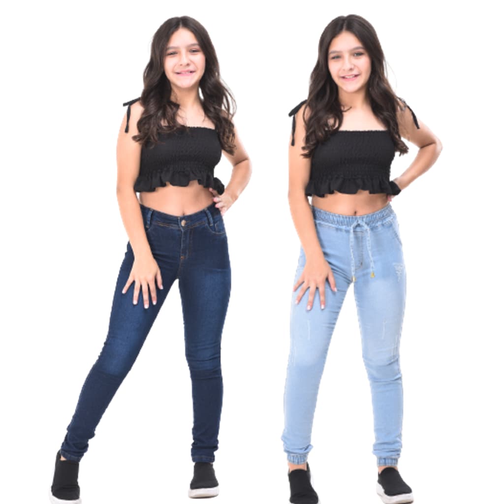 Combo calça jeans slim feminina + jogger infantil juvenil menina 10 ao 16