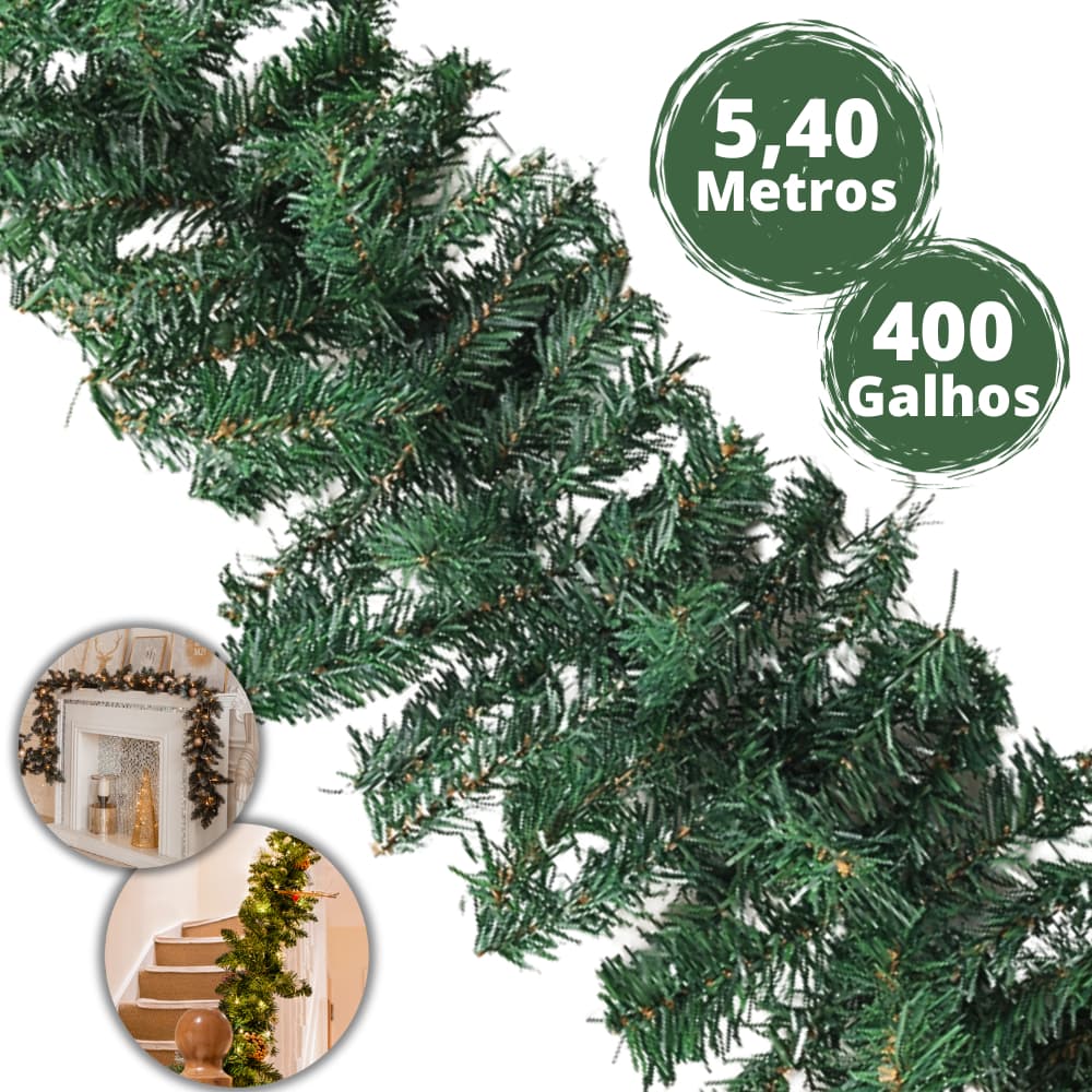 1, 2 ou 3 Festão De Natal Aramado Grosso Verde Escuro 2,70 Metros 200 Galhos Decoração Enfeite Natalino Árvore