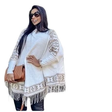 Blusa Feminino Manga Longa Tricot Ponche Com Franja