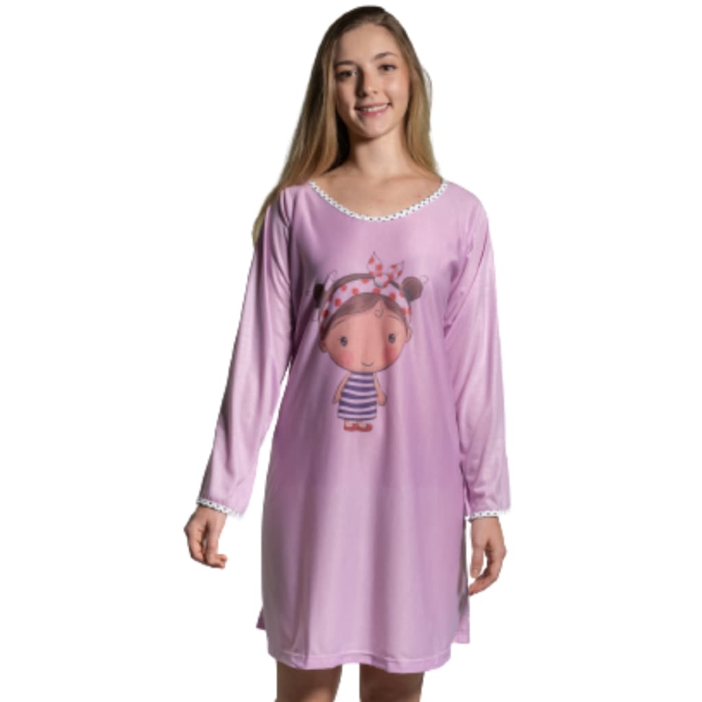 Camisola Camisetão Feminino Curto Adulto Conforto Manga Longa  Desenhos Variados Malha Tecido Liso