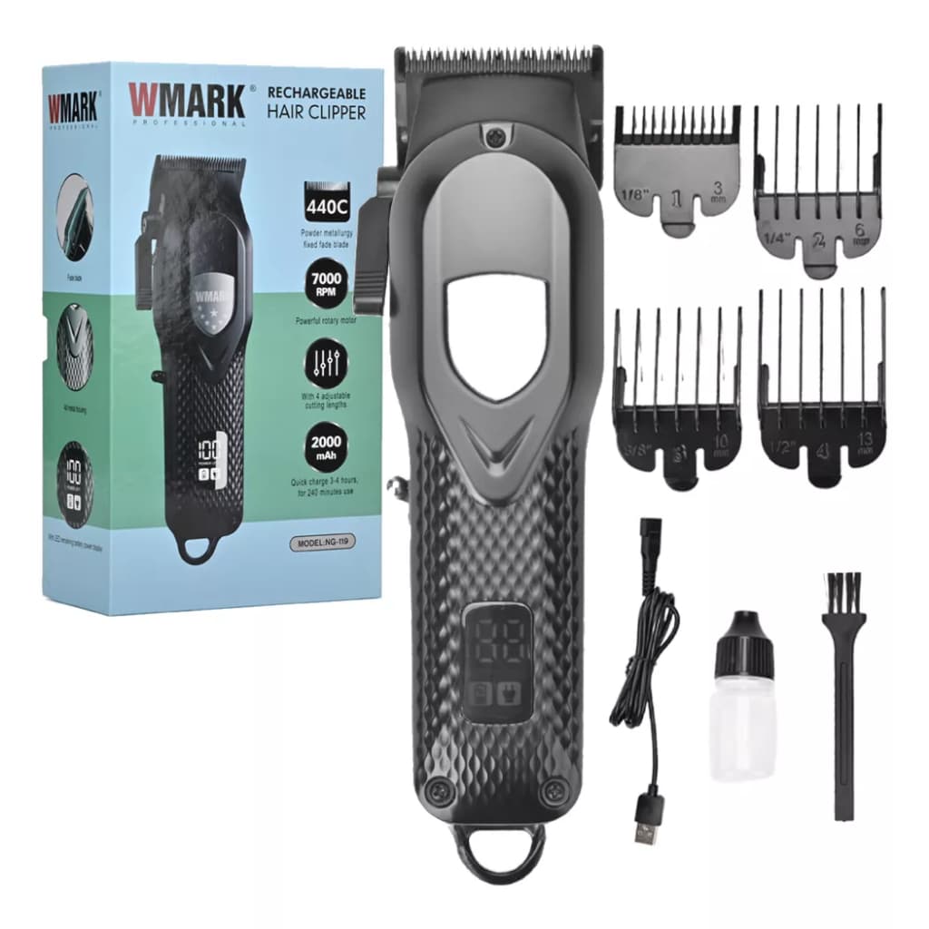 Maquina Cortar Cabelo Wmark Ng119 Profissional Preta C/visor
