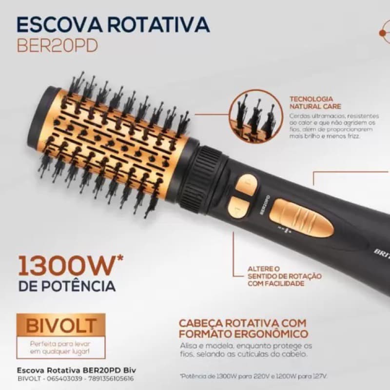 Escova Secadora Rotativa Britânia BER20PD 3 Temperaturas 1300W - Bivolt + Nota fiscal