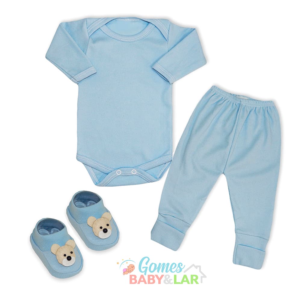 Conjunto Body Bebê Manga Longa com Calça Mijão e Sapatinho Decorado Kit 3 peças