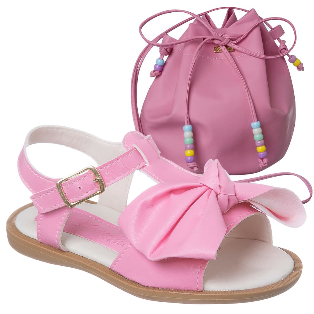 Kit Sandalia com Bolsinha Laço Grande Menina Infantil Delicada Confortável Promoção