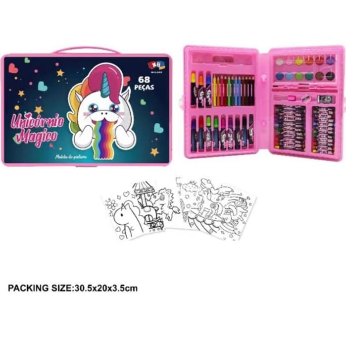 Kit pintura 68 peças Estojo Maleta Pintura Infantil Canetinhas Giz Lápis Cores e Tamanhos Variados + Desenhos Para Colorir Presente infantil