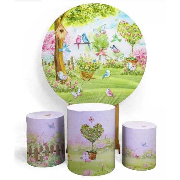 Kit Decorativo Painel Redondo C/ Elástico + Trio Capa Cilindro Veste Fácil Jardim Encantado