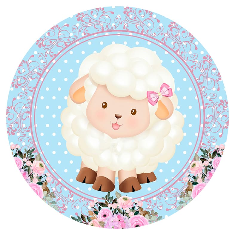 Capa para painel de Festa Redondo 1,50 mts Malha Sublimado Ovelha Ovelhinha Azul floral