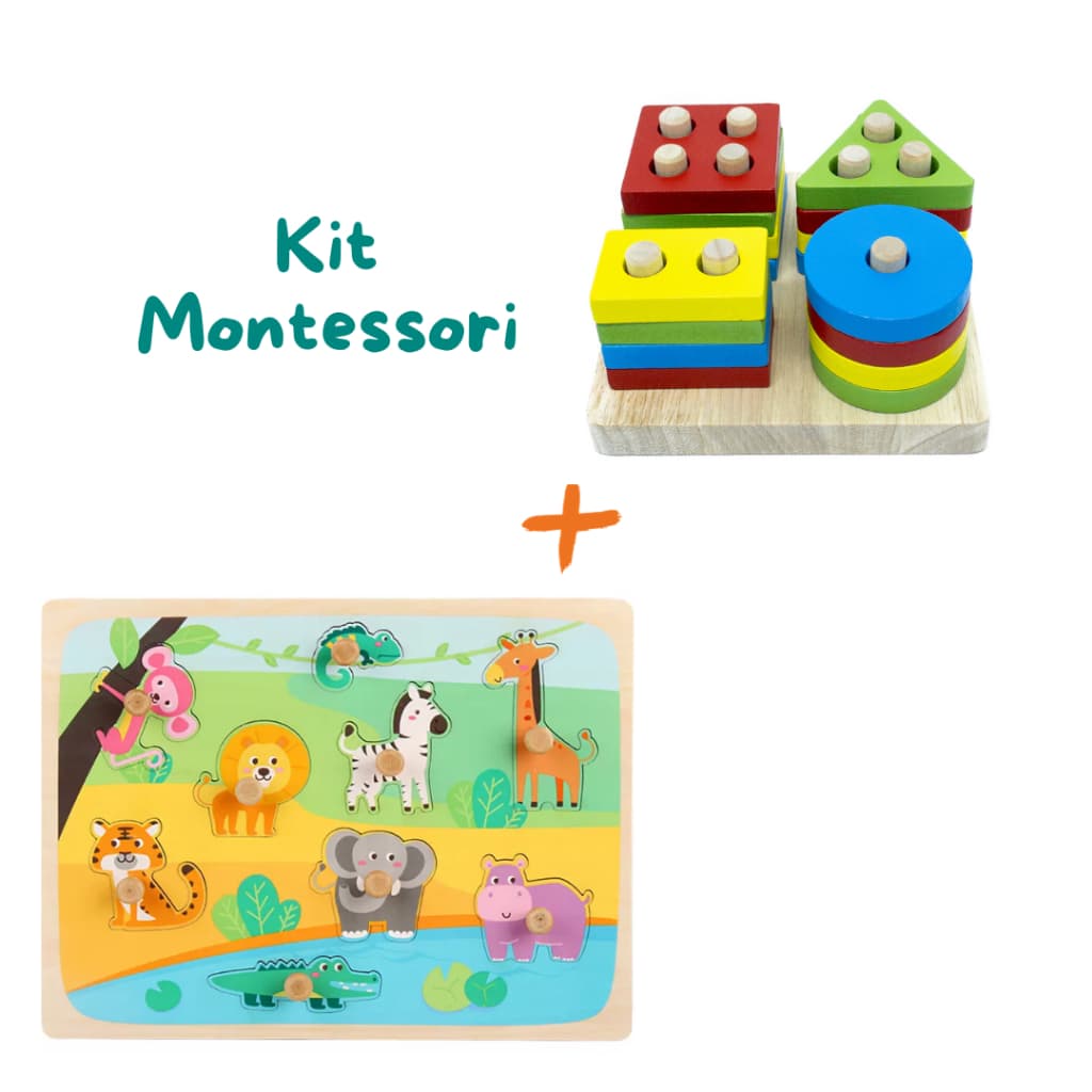 Kit Brinquedo Montessori Educativo Quebra Cabeça de Pinos Animais Safari + Prancha de Seleção Formas Geometricas