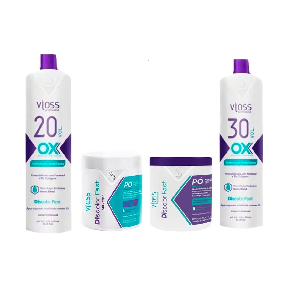 2 Pó Descolorate 500g 1 Branco 1Azul + 2 Emulsão Reveladora ox 20 +30 volumes.