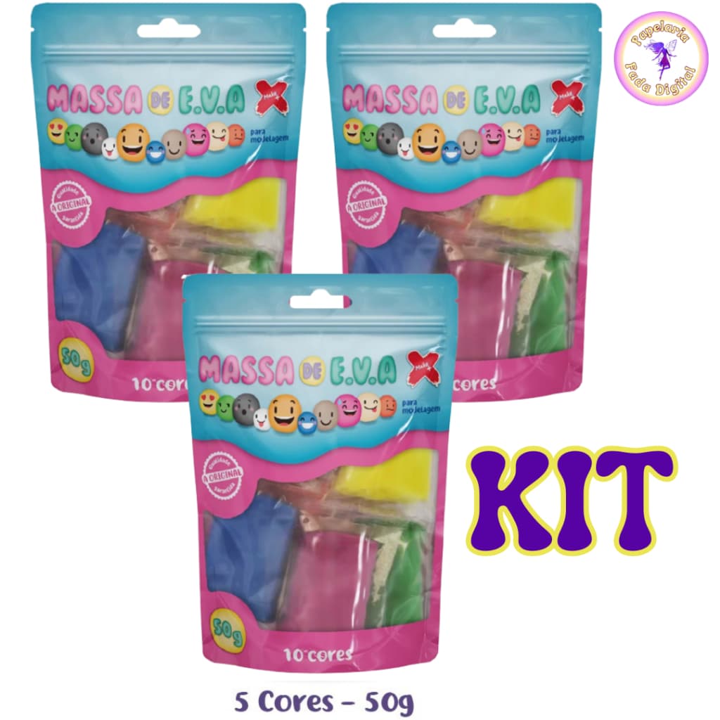 Kit Massinha de EVA 3 pacotes com 50 gramas cada,  10 cores em cada pacote