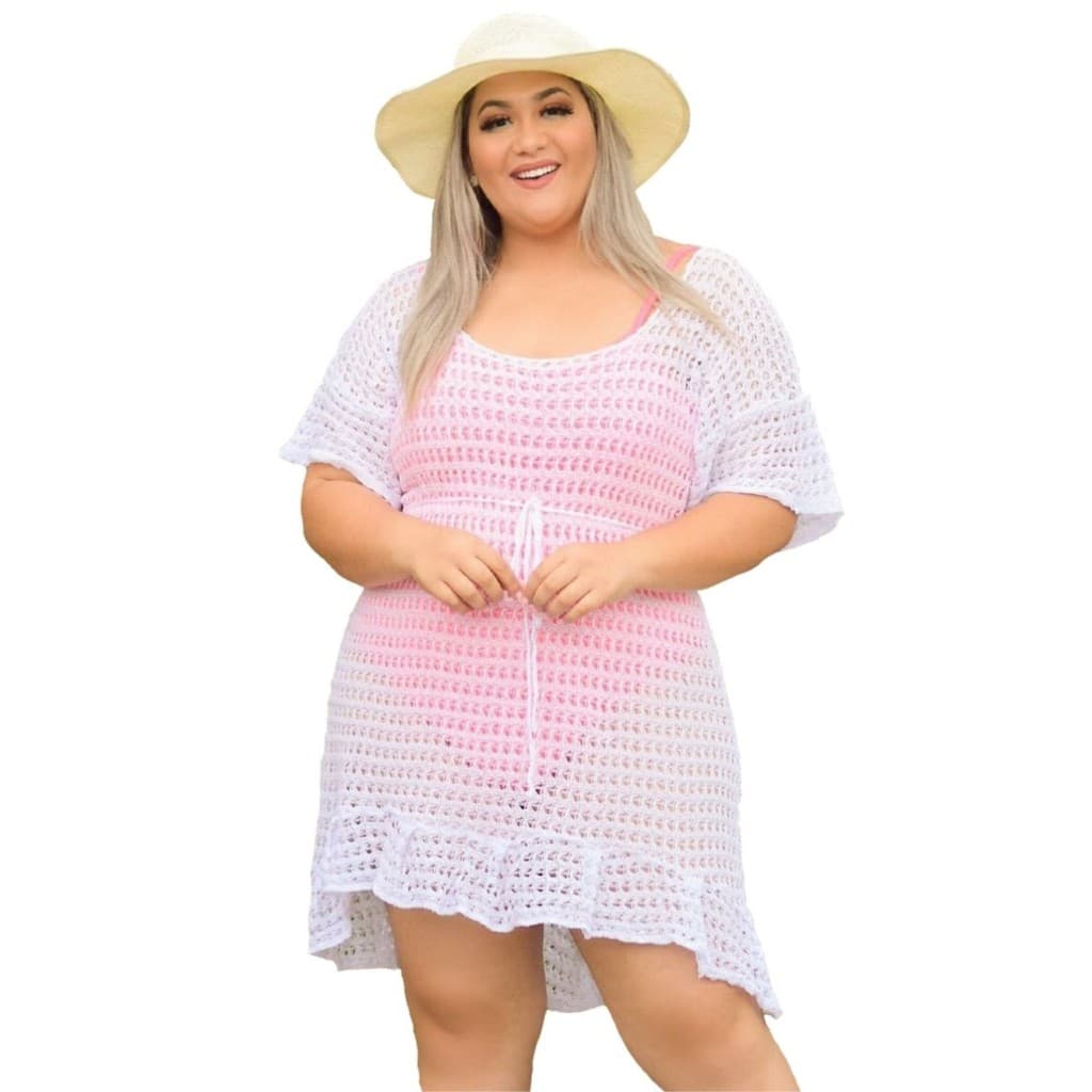 Saída De Praia Plus Size Saida Banho Trico Manga Curta Verão 46 A 52
