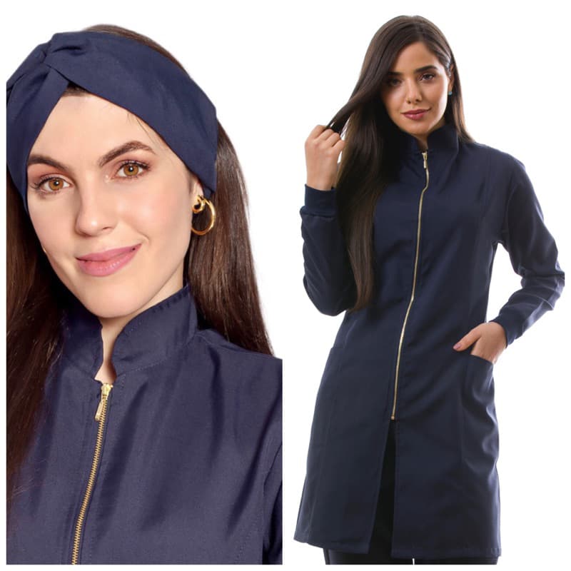 Jaleco Feminino Luxo Zíper Acinturado Gola Padre+ Turbante Azul Marinho Nice Gardenia Jalecos