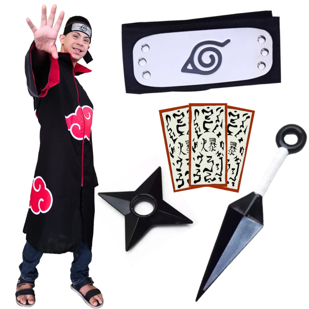 Fantasia Manto Akatsuki Kit Completo Naruto Cosplay Bandana+Kunai+shuriken