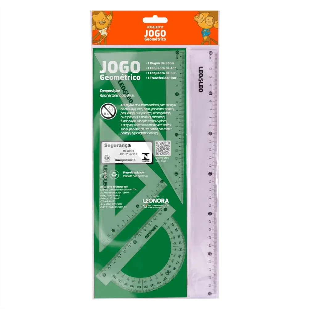 Jogo Kit Geométrico Escolar 4 Peças 1° Grau Leo&Leo Réguas Transferidor e Esquadro Matemática