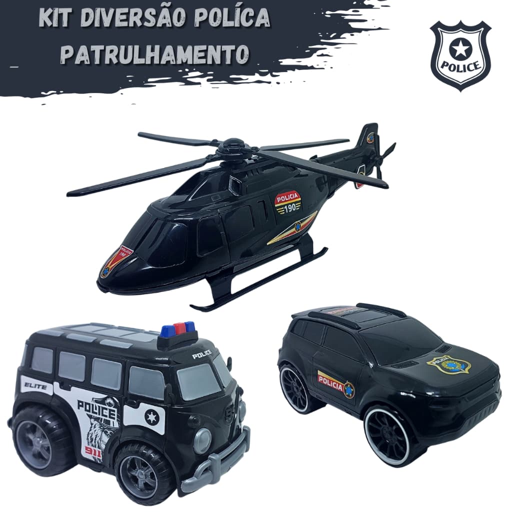 Kit Brinquedo Infantil Helicóptero Van e Carro de Polícia Super Realista Miniatura Presente Barato