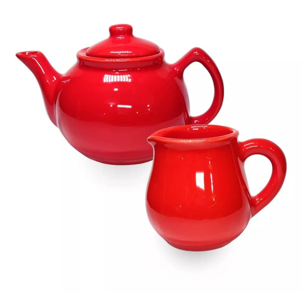 Bule Chá 700ml + Jarra Leiteira Colorida Cerâmica  Café Vermelho
