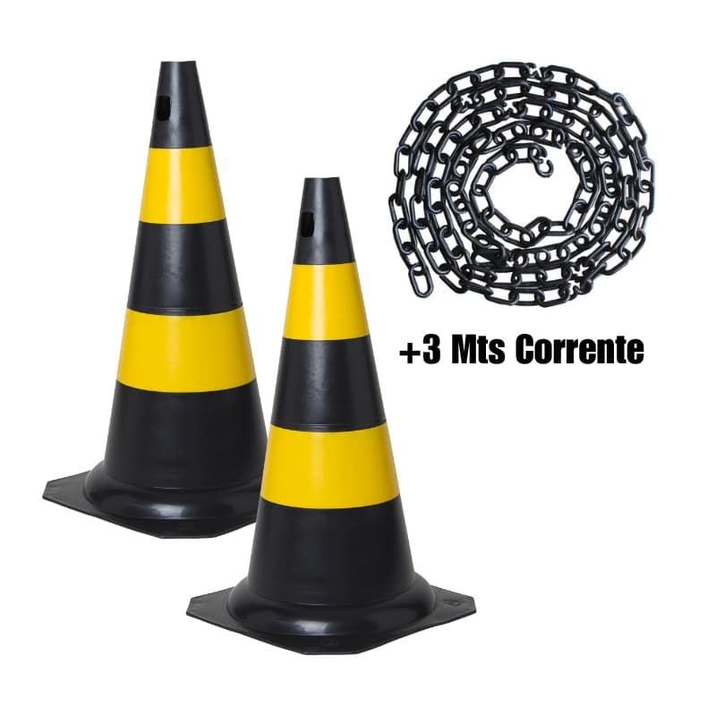 2 Cone Preto Amarelo Rígido 50cm 3mt corrente plástica preta