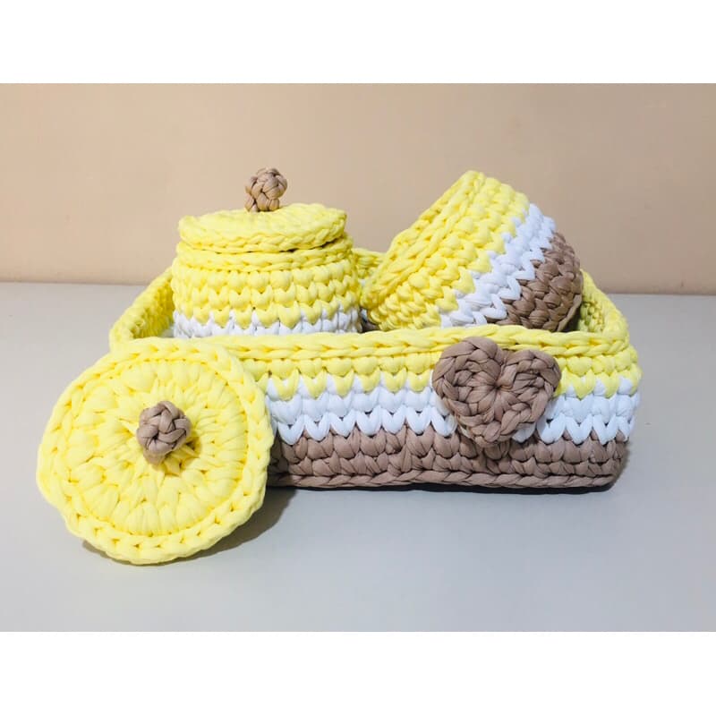 Kit Higiene 3 Cestos - Amarelo e Bege