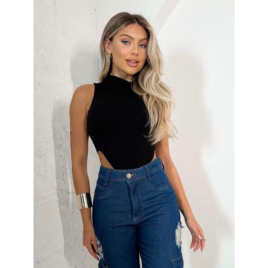 Body Feminino Gola Alta Regata Sem Manga Verão Blogueira Cavado Cintura Cavadão nas Laterais Blogueira Gringa Estiloso