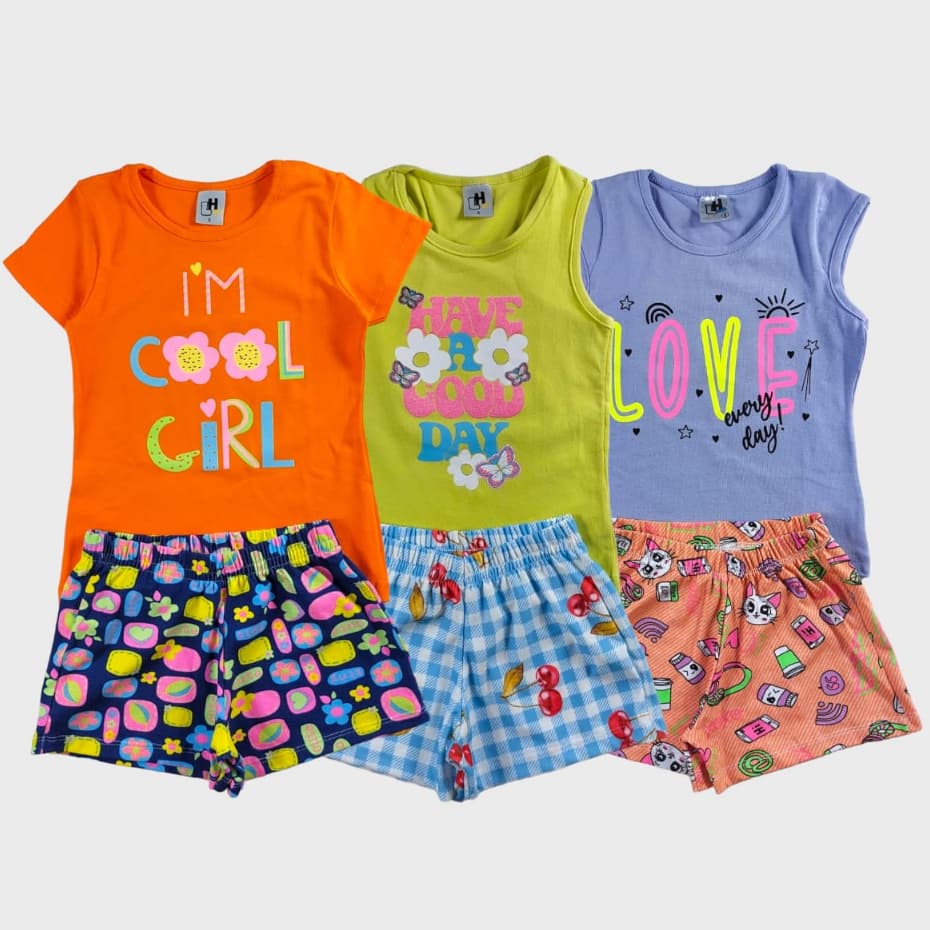 Kit 5 Conjuntos Infantil Menina 5 Blusas E 5 Shorts Verão
