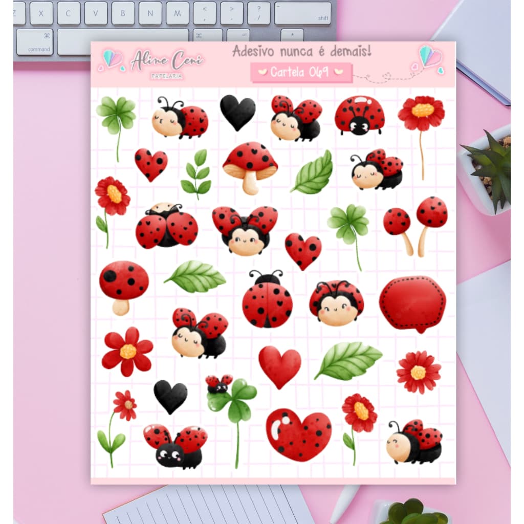 Cartela de Adesivos n 069 - adesivos fofos de joaninha para decorar bulletjournal, planner, diário, bujo