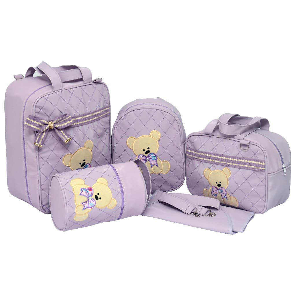 Kit Bolsa Mala Maternidade Menina 5 Peças Urso, Com Mochila, Trocador e Porta mamadeiras