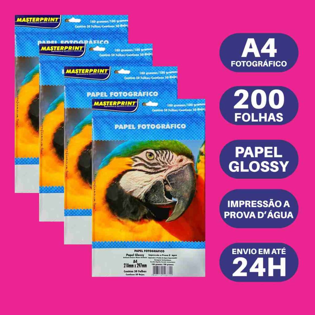 Papel Fotográfico Glossy 180g A4 Kit 200 folhas Brilho À Prova D'água MasterPrint Original