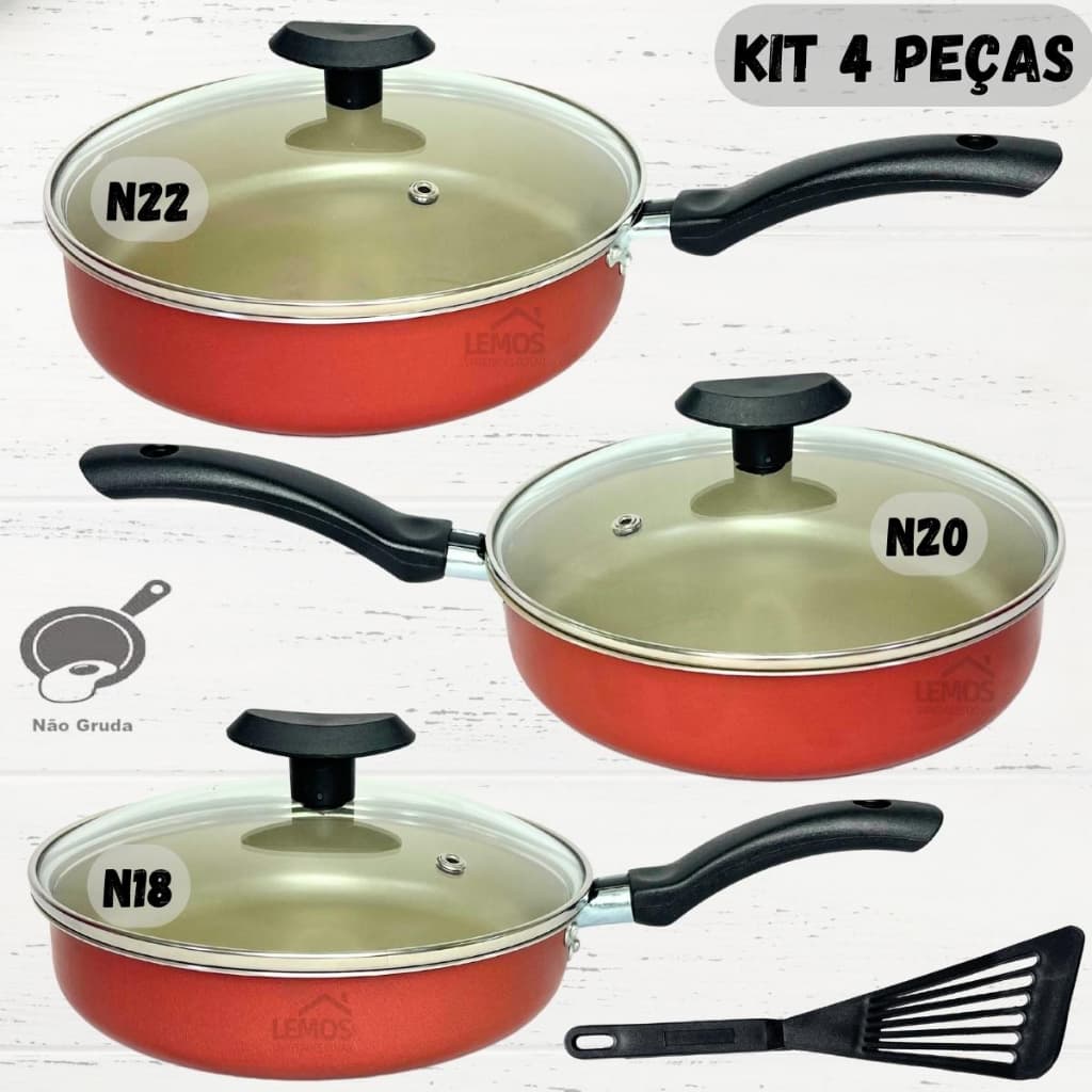 Jogo Frigideiras Antiaderente Com Tampa De Vidro Kit com 4 Peças Frigideira Vermelha Teflon 18/20/22cm + Espatula