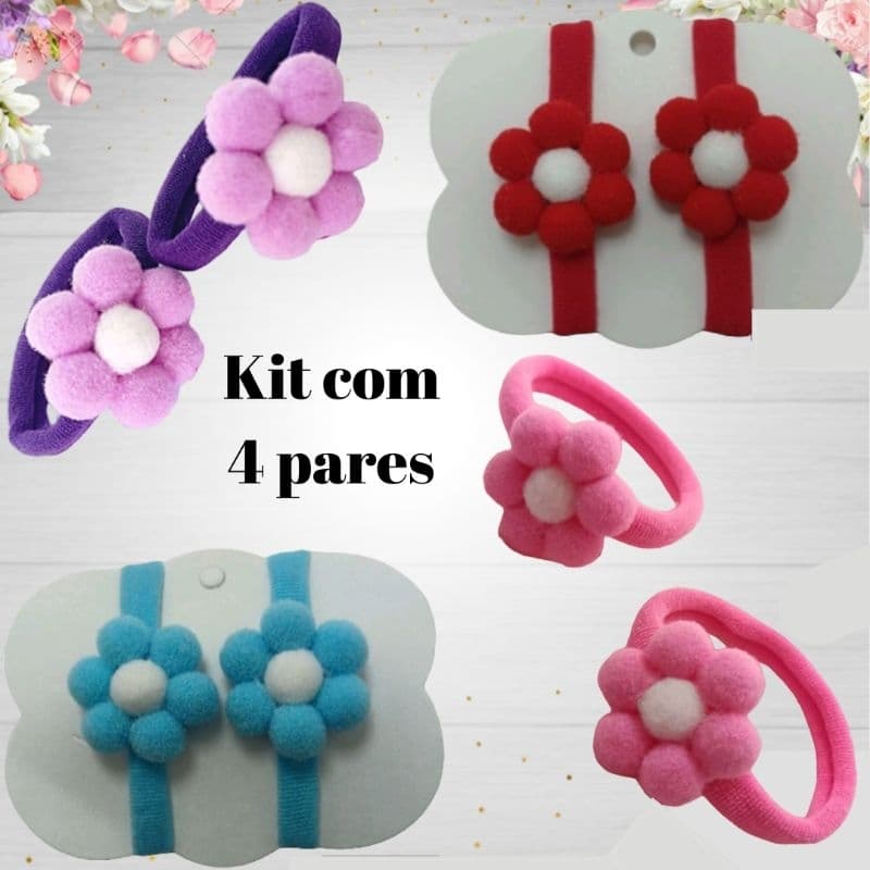 KIT COM 4 PARES presilhas de florzinha de pompom./ Par de lacinhos.