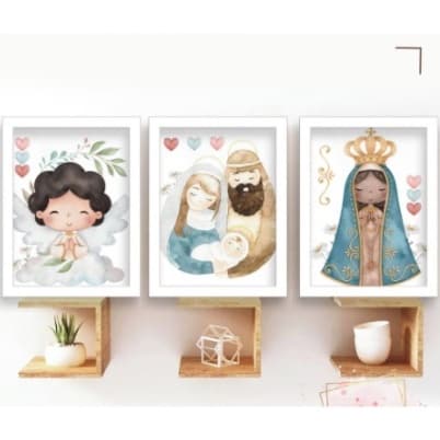 Kit Quadros Decorativos 3 Peças Mosaico Infantil Anjo Sagrada Família Nossa Senhora Jesus Religioso