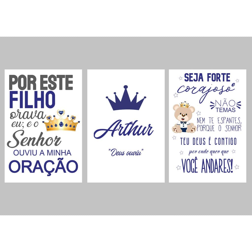 Kit Quadros Decorativos Mosaico 3 Peças Nome Personalizado Por Este Filho Orava Forte Urso Infantil