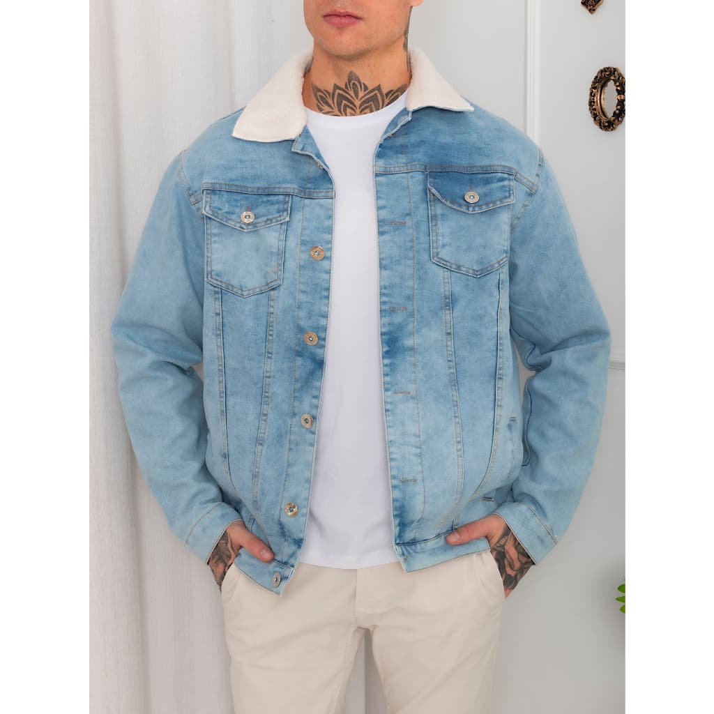 Jaqueta Jeans Masculino Gola com Alpaca Peluciada Pelinho