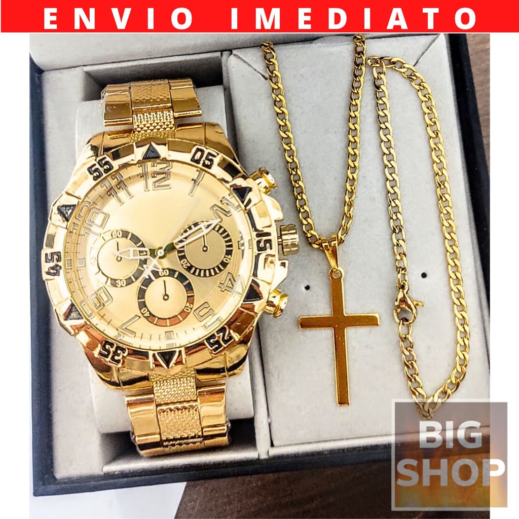 Masculino Relógio Dourado Banhado 18k + Pulseira Cuban 18K + Correntinha Cuban 18k Fininha