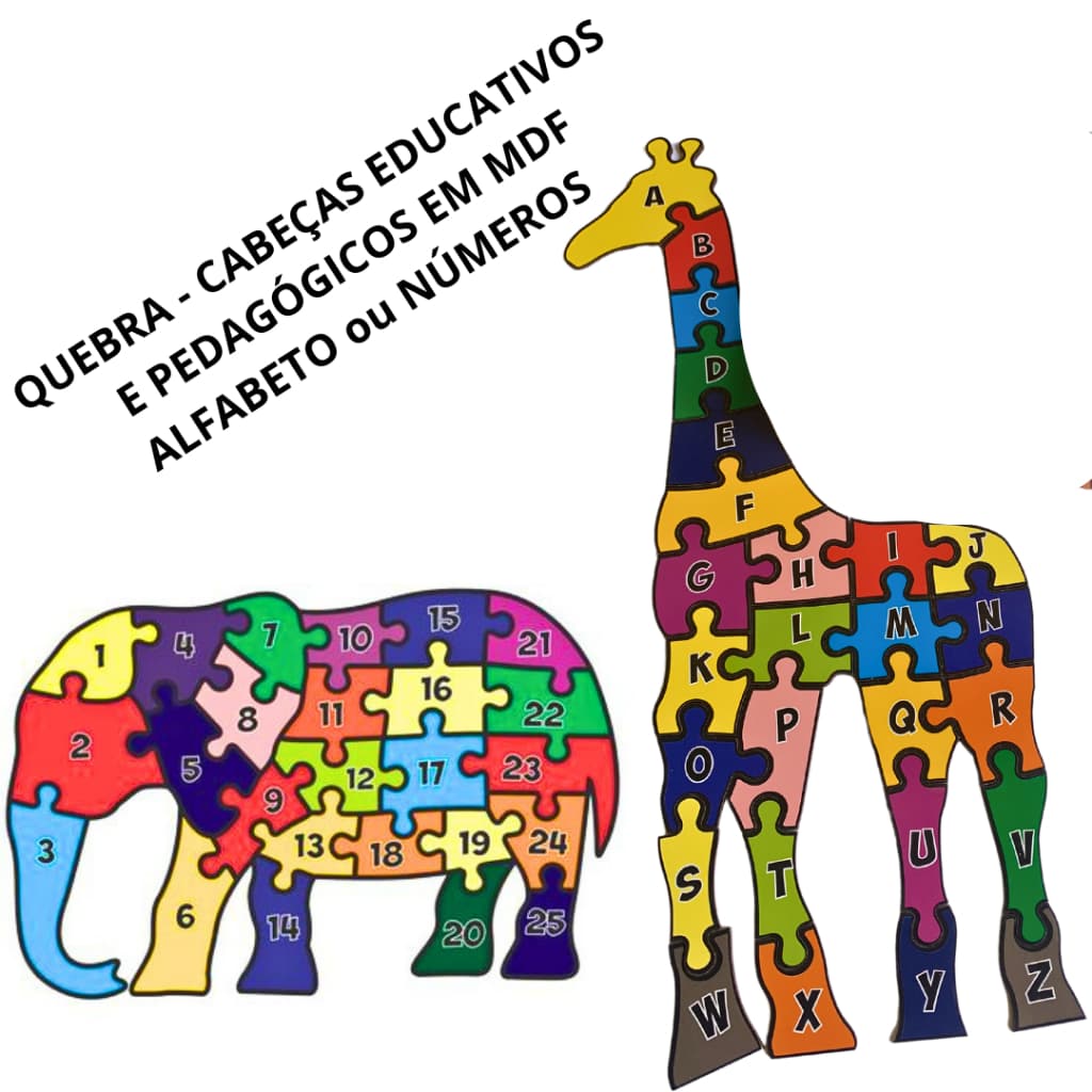 Brinquedo Pedagógico Madeira MDF Quebra Cabeça Infantil Educativo Girafa Alfabeto Letras Elefante Números Montessori